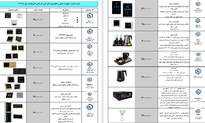 لیست قیمت تجهیزات هتلی و تابلوفرما
